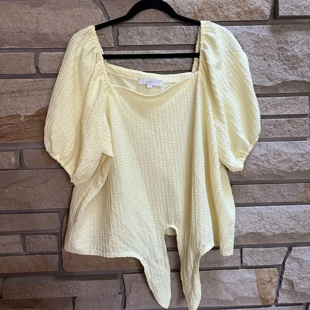 LOFT Women’s Square Neck Tie Front Soft Butter Yellow Blouse Puff Sleeve Top XL